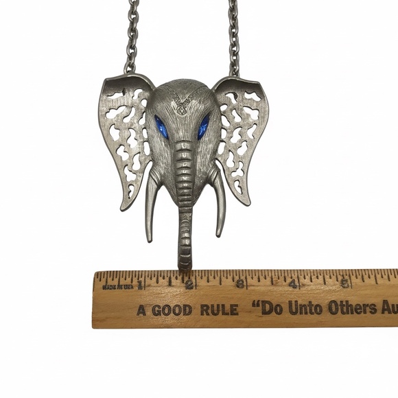 Vintage Signed Celebrity Elephant Necklace, Silver Tone Blue Rhinestone Eyes 70s - Picture 9 of 14
